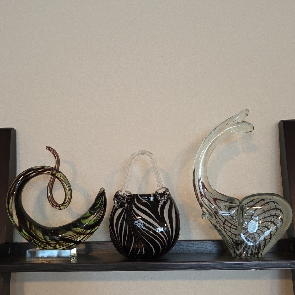 Murano Glass Elegant Glass Art Sculpture Set - Black, Green, Clear